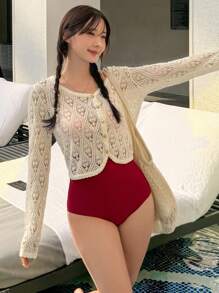 DAZY Women's Solid Color Long Sleeve Single Breasted Cropped Knitted Semi-Sheer Cardigan,Fall Women Clothes - White - View 4