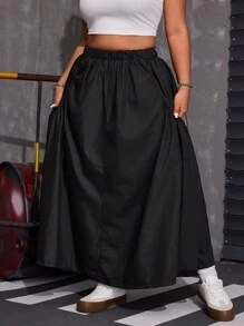 SHEIN ICON Plus Size Loose Plus Size Denim Peplum Midi Skirt - Black - View 4