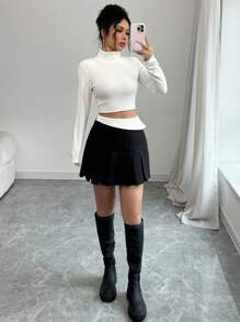 Chiquease Falda mini plisada de línea A con contraste de color en la cintura para mujer - Negro - Ver 5