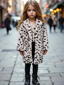 SHEIN 3 件套年轻女孩豹纹毛绒领开衫和围兜裤套装，温暖、舒适、时尚冬季套装 - 彩色 - 查看 7