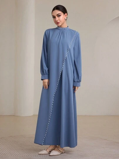 Graceveil Women's Casual Stand Collar Elegant Pearl Decor Romantic Loose Long Dress Modest