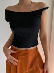 DAZY 1pc Women Open Shoulder Solid Color Fitted Short Sleeve Crew Neck Cropped Tee, Spring/Summer,Off Shoulder Top