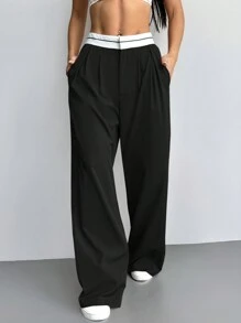SHEIN Tall Contrast Color Pocket Casual Suit Wide-Leg Pants - Black - View 6
