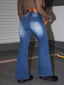 SHEIN ICON Jeans casuales con bolsillos y botones frontales desgastados para mujer