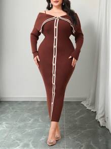 Modelyn 大码优雅拼色条纹露肩紧身毛衣连衣裙，秋冬 - 咖啡棕 - 查看 2