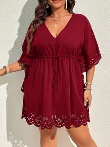 SHEIN VCAY Plus Size Holiday Solid Tie Waist Beach Casual Cover Up Dress Summer