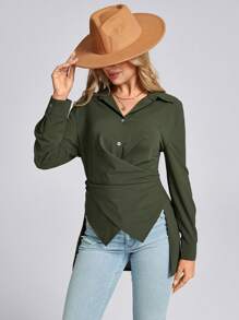 SHEIN LUNE 1 件女式交叉裹身前 V 领办公室圣诞绿色衬衫 - 綠色 - 查看 2