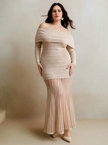 Anewsta Plus Size Elegant Off Shoulder Semi-Sheer Fishtail Dress - Cream - View 2