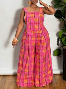 Slaydiva Plus Size Women's Summer Casual & Cute Wide Leg Jumpsuit, Suitable For Outing, Daily Wear & Romantic Occasions - Hot Pink - View 6