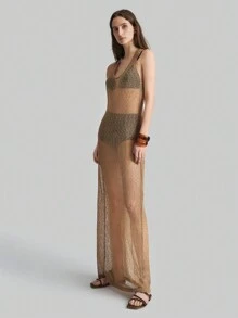 Ontre New 2025 Women Hollow Neck Tie Sleeveless Boho Style Dress, Vacation, Festival, Minimalist Fashion, Beach Cover-Up, Bohemian Style, Vacation, Festival, Spring/Summer - Khaki - View 3