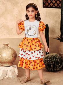 SHEIN DRMZ 2pcs/Set Young Girl Round Neck Puff Sleeve Top & Ditsy Floral Woven Skirt - Multicolor - View 5