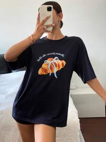 Livesso Áo thun tay ngắn cổ tròn dáng rộng in họa tiết và chữ cho nữ, áo phông dễ thương mùa hè cỡ lớn, quần áo trở lại trường - Màu xanh hải quân - Xem 6