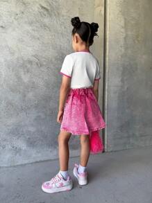 SHEIN 配套姐妹套装：女孩休闲百搭百搭美式街头时尚运动街头 Y2K 甜美 INS 风格撞色心形印花白色短款圆领 T 恤 + 水洗复古紫红色迷你褶皱牛仔裙套装 - 彩色 - 查看 2