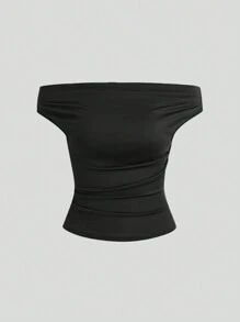 Sweetra 女士纯色露肩简约修身上衣，休闲日常穿着 - 彩色 - 查看 4