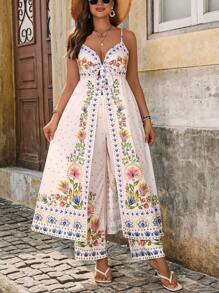 Breezaya Plus Size Vacation-Style Graphic Print Camisole And Elastic Waist Pants 2 Pieces Set