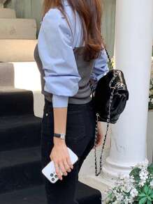 DAZY Women's Regular Collar Patchwork 2 In 1 Long Sleeve Shirt, Blue, Spring/Summer/Autumn,Fall Women Clothes - Blue - View 2