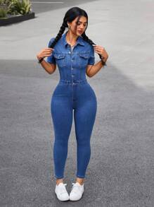 SHEIN PETITE 女士休闲水洗修身牛仔连身裤 - 藍色 - 查看 5