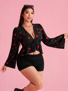 SHEIN EZwear Áo len cardigan ngắn họa tiết trái tim ngày lễ tình nhân cỡ lớn - màu đen - Xem 3