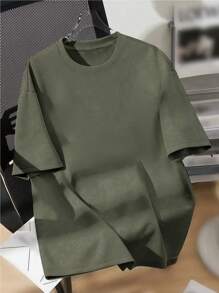 SHEIN Teenage Boy Simple Casual Round Neck Short Sleeve T-Shirt, Suitable For Summer - Army Green - View 2
