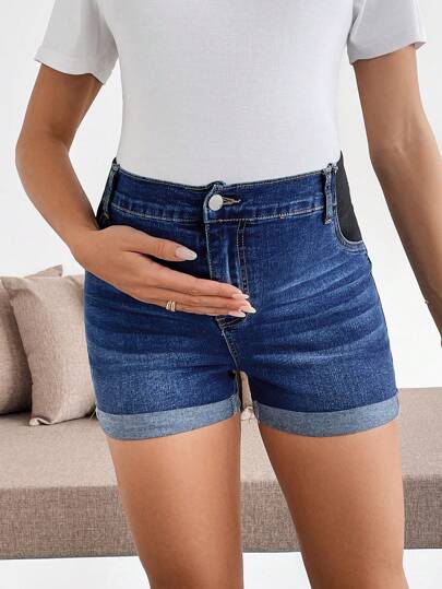 SHEIN Blå jeansshorts med åtsittande passform för gravida, Sommar, Vår för kvinnor, Strand för kvinnor, Brunch för kvinnor, Vårlov, Konsert för kvinnor / Ravefestival / Countrykonsert / Ibiza / Nashville
