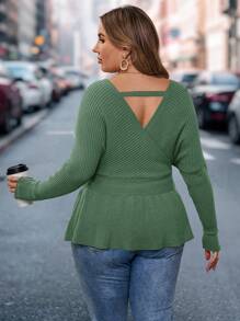 SHEIN LUNE 大码女式 V 领喇叭下摆露背套头衫，焦糖色和红棕色，秋季，秋季毛衣优雅女士服装乡村上衣