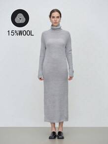 SHEIN LUNE 女士休闲简约纯色高领开衩下摆毛衣裙，秋冬 - 淺灰色 - 查看 1