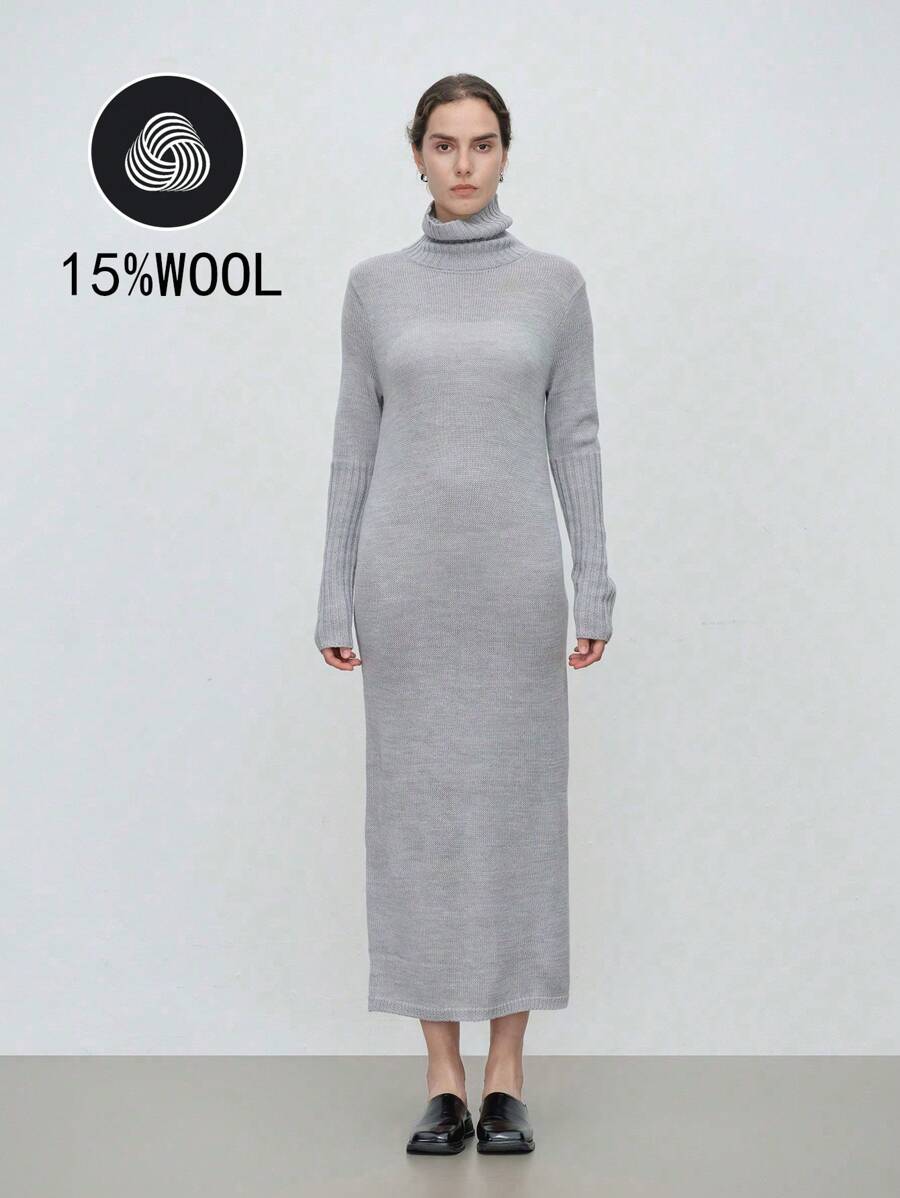 SHEIN LUNE 女士休闲简约纯色高领开衩下摆毛衣裙,秋冬 - 淺灰色 - 查看 1
