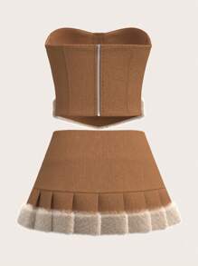 SHEIN ICON Women Y2k Vacation Outfits Vintage Plush Patchwork Crop Top And Draped Waist Mini Skirt Set, Fashion Style