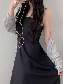 DAZY 女士长款优雅修身腰黑色连衣裙太阳裙，休闲女士连衣裙