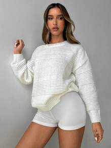 Aloruh Suéter blanco suelto con patrón jacquard, unicolor. Nuevo lanzamiento para mujer, otoño/invierno