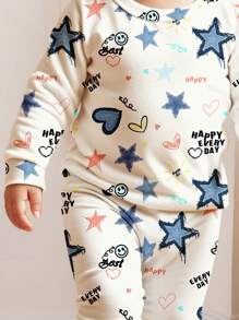 SHEIN Graffiti Stars, Heart & Print Young Girl Casual Minimalist Soft Comfortable Long Sleeve & Long Pants Pajamas Set, Snug Fit, Suitable For Autumn/Winter