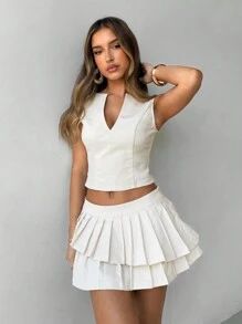Aloruh Women Office Siren Commute Daily Outfits, Solid Color Deep V-Neck Sleeveless Camisole Top And Sexy Asymmetrical Double Layer Pleated Skirt In Apricot, 2 Pieces Set - Apricot - View 4
