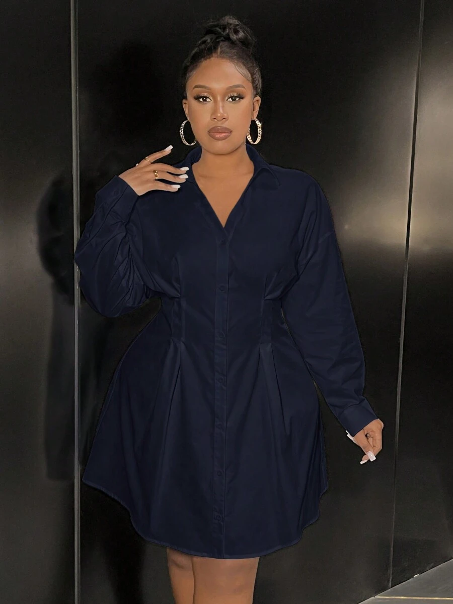 Slaydiva 女式优雅休闲办公室收腰长袖白衬衫连衣裙，秋季 - 藏蓝色 - 查看 1