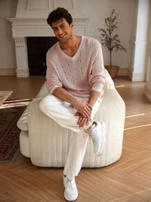 Manfinity Homme Men's Solid Color Patchwork V-Neck Long Sleeve Casual Sweater - Multicolor - View 4