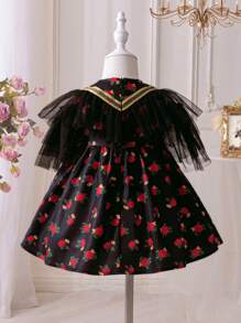 SHEIN Baby Girl Elegant Black Floral Mesh Overlay Summer Dress - Black - View 4