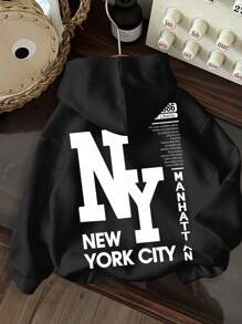 Slaydiva NY Letter Graphic Casual Plus Size Hooded Drawstring Thick Sweatshirt For Women, Suitable For Fall/Winter - Black - View 1