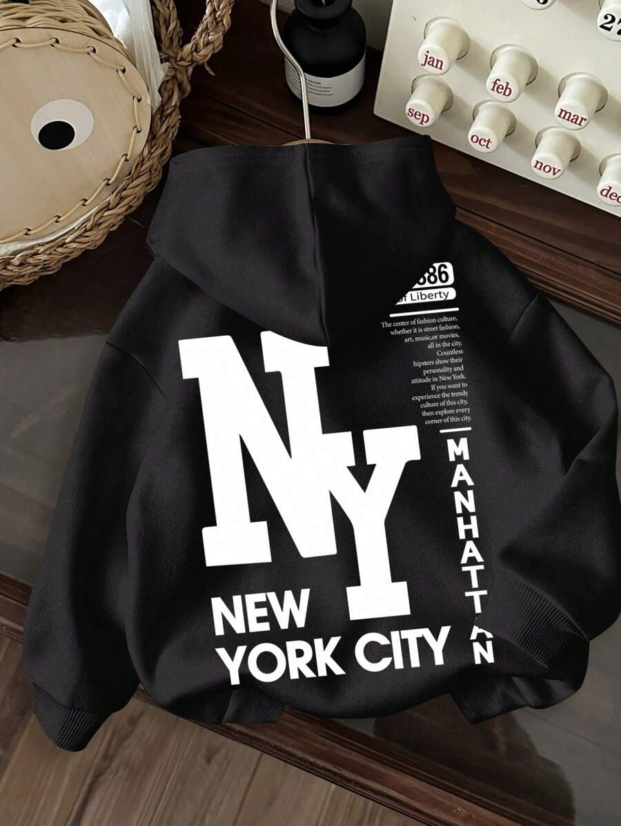 Slaydiva NY Letter Graphic Casual Plus Size Hooded Drawstring Thick Sweatshirt For Women, Suitable For Fall/Winter - Black - View 1