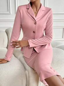 Lyxana Conjunto De Traje De Chaqueta Entallada De Solapa De Color Sólido Y Falda Lápiz Con Botones De Un Solo Pecho