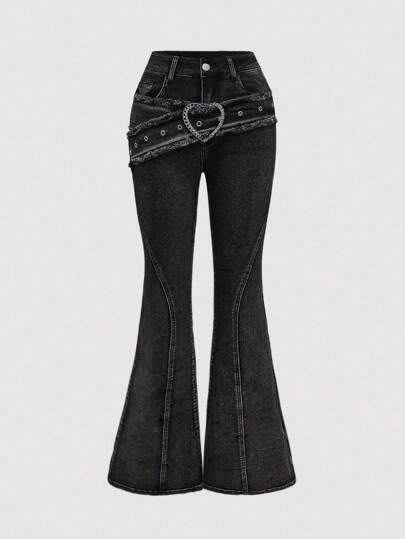 Grunge Punk Jeans acampanados ajustados de mujer con hebilla en forma de corazón y dobladillo deshilachado, retro Y2K