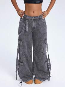 SHEIN ICON Women's Fashion Low-Waist Elastic Waist Wide Legs Cargo Jeans - Light Grey - View 3