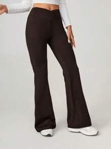 SHEIN Tall 2024 New Summer Simple Solid Color Wrap High Waist Flared Brown Pants - Brown - View 5