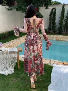 DAZY Women's Muses Print Cinched Waist Sundress, Bohemian Long Dress, Spring Vacation/Resort Wear Floral Boho - Red - View 2