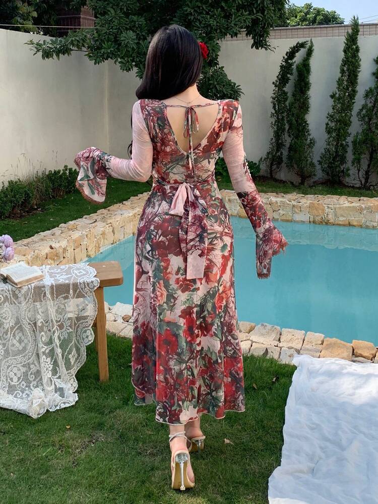 Women's Muses Print Cinched Waist Sundress, Bohemian Long Dress, Spring Vacation/Resort Wear Floral Boho