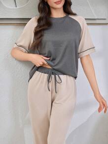 Color Block Raglan Sleeve Top & Pants Loose Casual Women Pajama Set Outfit - Apricot - View 6