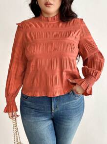 SHEIN Frenchy Plus Size Casual Simple School Style Solid Color Pleated Women Shirt, Blouse, New Spring Collection - Brown - View 7