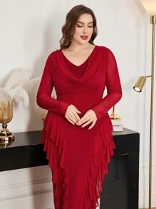 Modelyn Plus Size Stretchy Mesh Cowl Neck Ruffle Hem Bodycon Elegant Red Dress, Spring/Summer Fall - Red - View 4