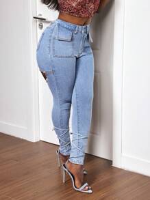 Slaydiva Women's Front Button Pocket Distressed Minimalist Casual Jeans - Blue - View 4