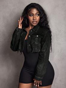 Slaydiva Women's Casual Distressed Cropped Denim Jacket