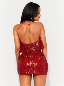 SHEIN SXY 春夏新年结婚季优雅浪漫情人节约会必备红色亮片吊带露背荷叶边结构上衣和褶皱迷你裙两件套 - 紅色 - 查看 2