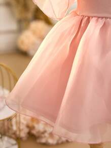 SHEIN 女婴 Fern Glow 可爱粉色针织和欧根纱荷叶边下摆吊带连衣裙，夏季 - 粉色 - 查看 6